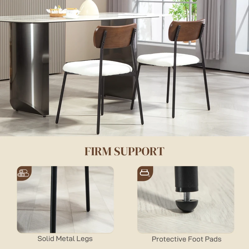 HOMCOM Set of 2 dining chairs with shaggy fabric seat, curved wood-effect backrest, interior, cream