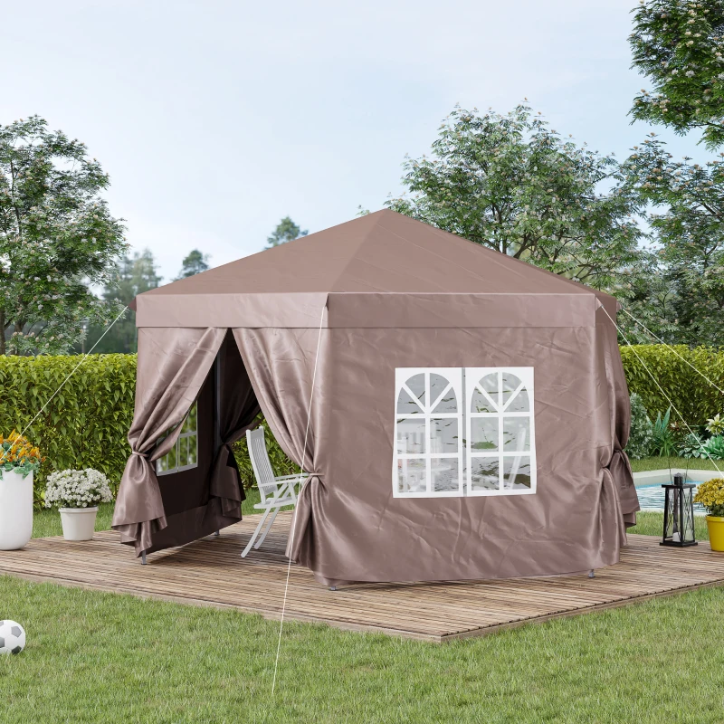 Outsunny 4x4m Hexagonal Pop up Gazebo - Garden Marquee Party Tent Wedding Canopy, Height Adjustable, with Storage Bag, Brown