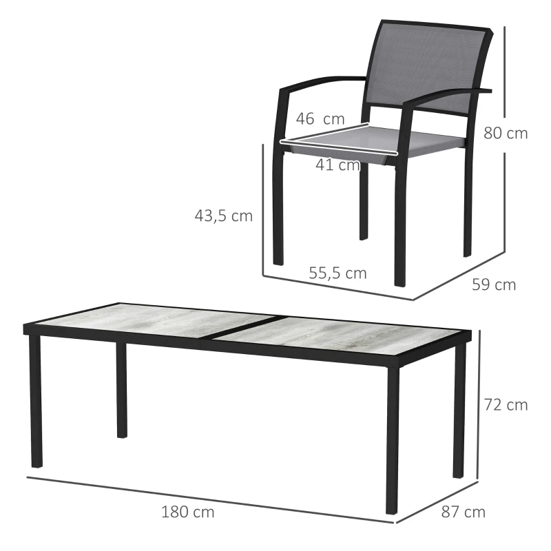 Outsunny 7-Delige Tuinset, 6 Stoelen, 1 Tafel, Stapelbaar, Onderhoudsvriendelijk, Stalen Frame, Tuinmeubelset, Grijs