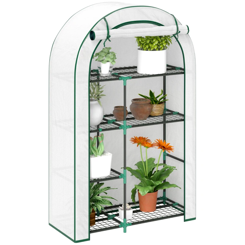 Outsunny Mini-Kas, 4-laags Kas met Kunststof Zeil, Draagbaar, met Roldeur, 100 x 45 x 160 cm, Wit