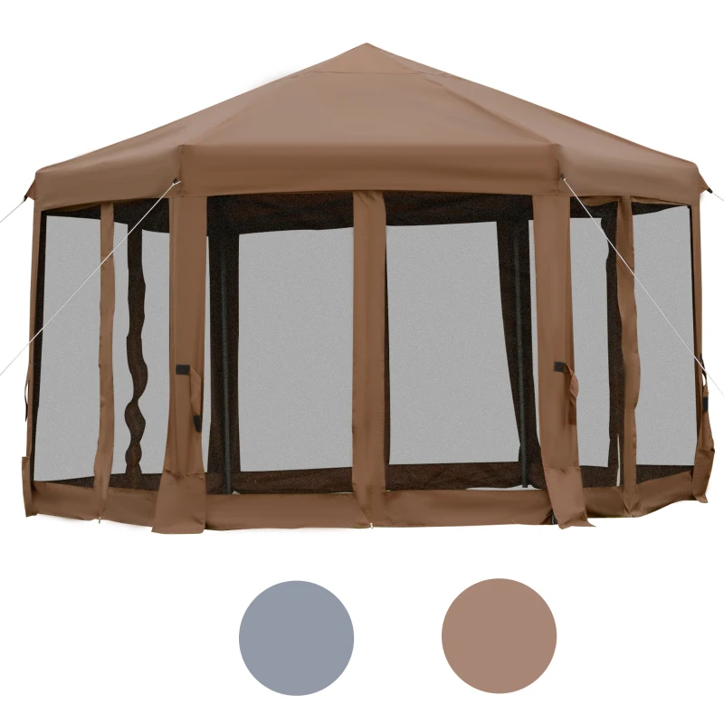 Outsunny 3.2m Pop Up Gazebo Hexagonal Canopy Tent for Outdoor Sun Protection - Includes Mesh Sidewalls and Handy Bag, Brown