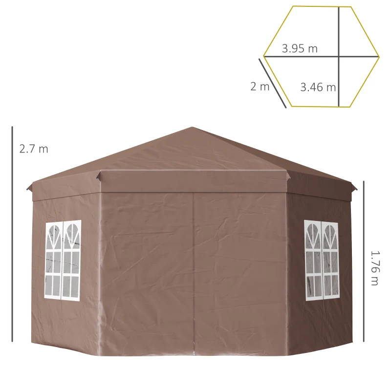 Outsunny 4x4m Hexagonal Pop up Gazebo - Garden Marquee Party Tent Wedding Canopy, Height Adjustable, with Storage Bag, Brown