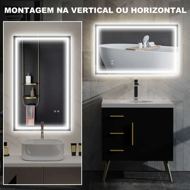 HOMCOM Espelho Casa de Banho com Luz LED 100x60 cm Espelho de Parede com Iluminação Anti-Embaciamento Brilho Ajustável e Interruptor Tátil