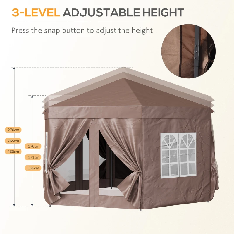 Outsunny 4x4m Hexagonal Pop up Gazebo - Garden Marquee Party Tent Wedding Canopy, Height Adjustable, with Storage Bag, Brown
