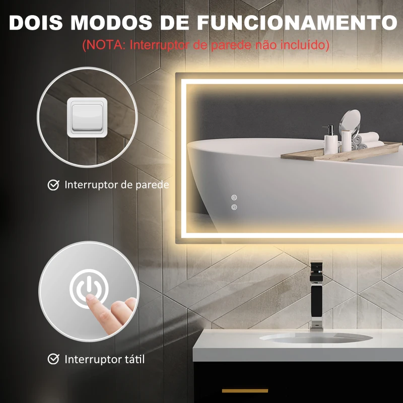 HOMCOM Espelho Casa de Banho com Luz LED 100x60 cm Espelho de Parede com Iluminação Anti-Embaciamento Brilho Ajustável e Interruptor Tátil