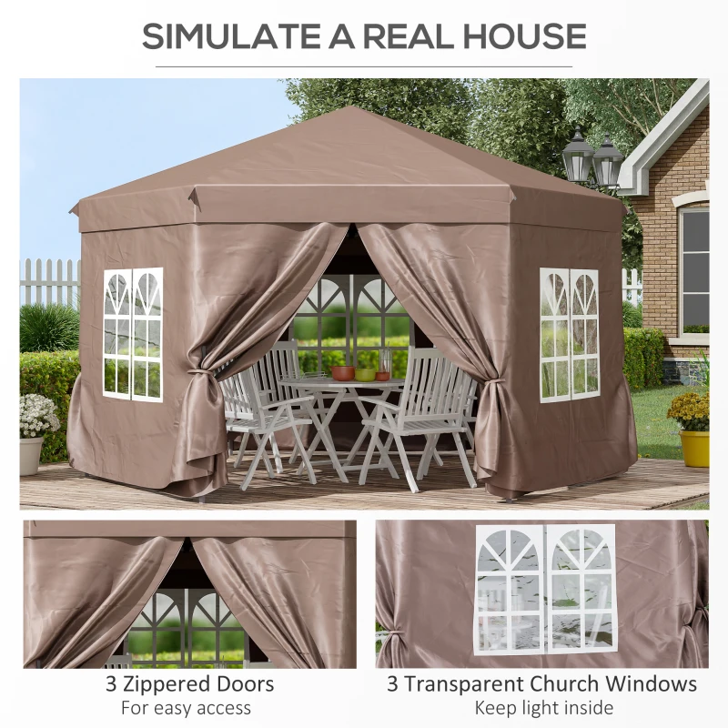 Outsunny 4x4m Hexagonal Pop up Gazebo - Garden Marquee Party Tent Wedding Canopy, Height Adjustable, with Storage Bag, Brown