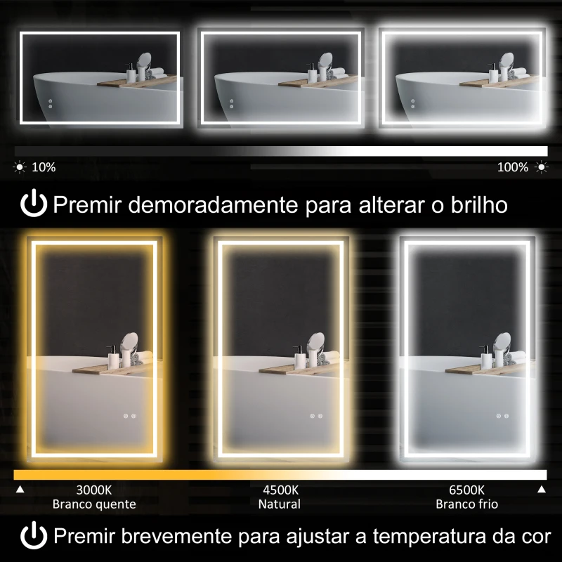 HOMCOM Espelho Casa de Banho com Luz LED 100x60 cm Espelho de Parede com Iluminação Anti-Embaciamento Brilho Ajustável e Interruptor Tátil