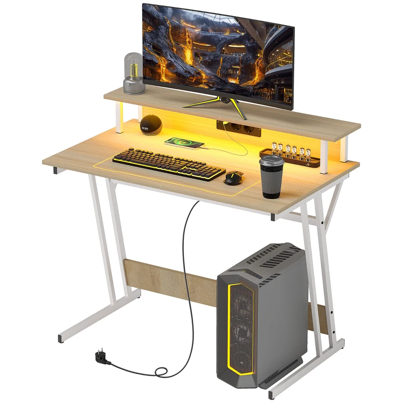 HOMCOM Secretária Gaming com Luzes LED 100x60x88,5 cm com Tomadas de Corrente Suporte para Monitor Prateleiras e Controlo Remoto Madeira