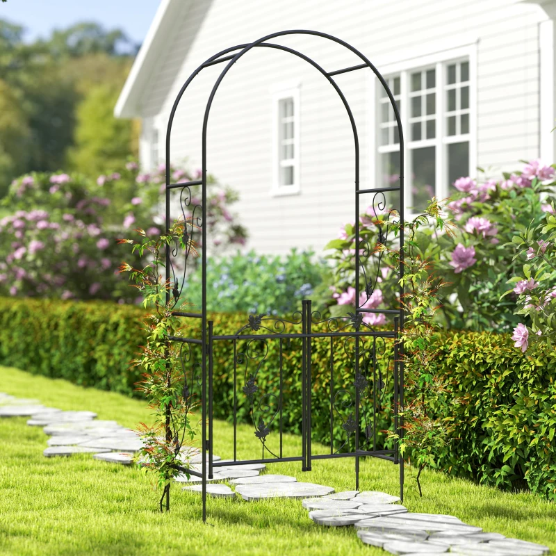 Outsunny Arco da Giardino con Cancello, Traliccio per Piante Rampicanti in Metallo, 2.2x1 m, Nero