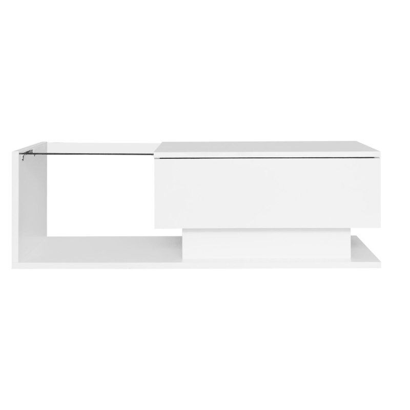 Modern LED Coffee Table with High Gloss Finish, Glass Top and Drawer, 100L x 50W x 32H cm, White