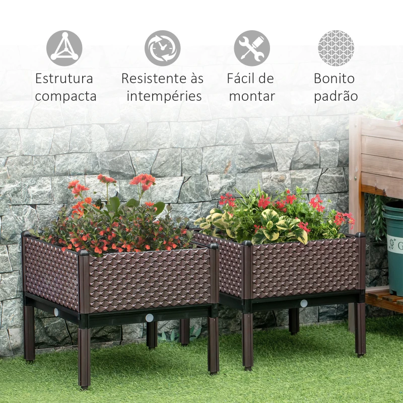 Outsunny Conjunto de 2 Floreiras de Exterior Quadradas Elevadas Combinação Livre Floreiras para Jardim  50x50x46,5 cm Marrom