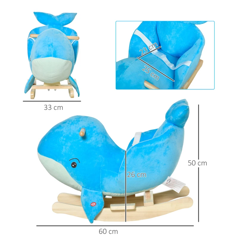 HOMCOM Baloiço com Forma de Baleia para Crianças de 18-36 Meses Baloiço de Pelúcia com Sons Cinto de Segurança e Apoio para os Pés 60x33x50 cm Azul