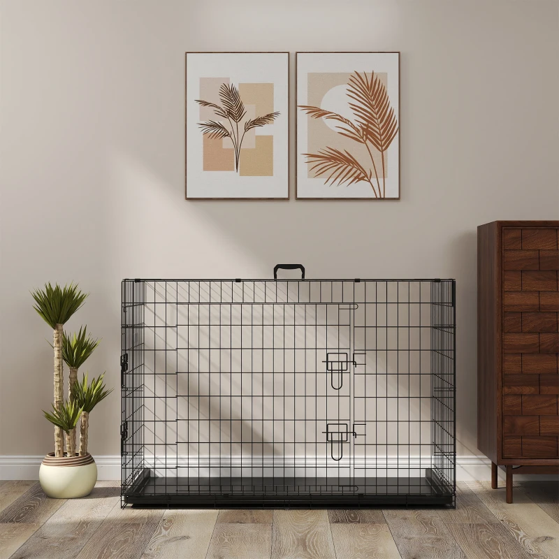 PawHut Gaiola para Cães com 2 Portas Gaiola para Animais de Estimação de Arame Dobrável com Alça de Transporte Aço 76x46x52cm Preto