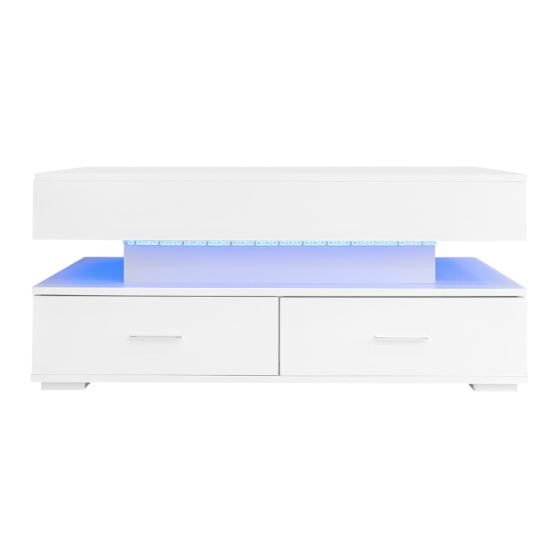Hydraulic Lift Top Coffee Table with LED Lighting, 2 Drawers and Storage, 100L x 50W x 44H cm, White