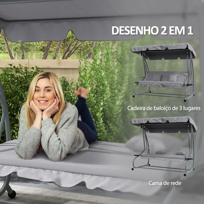 Outsunny Banco Baloiço de Jardim 3 Lugares Convertível em Cama com Toldo Ajustável e 2 Almofadas  200x120x164 cm Cinza