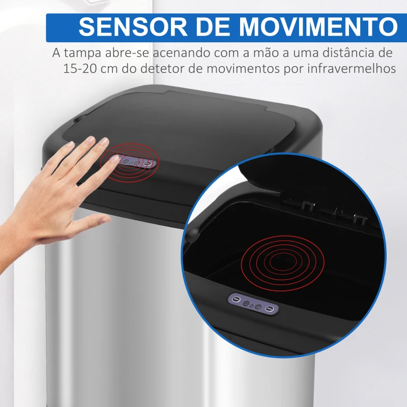 HOMCOM Balde de Lixo Automático 20L com Sensor Infravermelho Abertura Automática Cubo Amovível  33x25x42,5 cm Prata e Preto