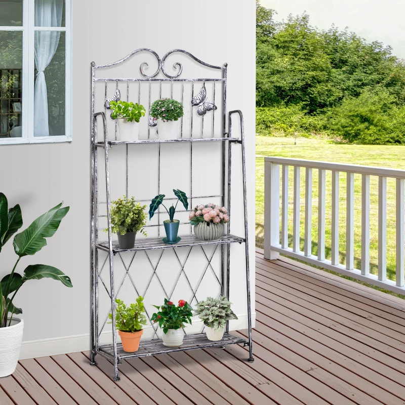 Outsunny Suporte para Plantas Dobrável Suporte para Vasos de Plantas de 3 Níveis com Estrutura de Metal 44x25x96 cm Prata