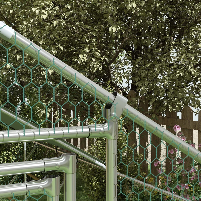 PawHut Galinheiro para Exterior 3x2 m Galinheiro de Aço Galvanizado com Comedouro Suspenso Tipo Espeto Poleiro Anti-UV Prata