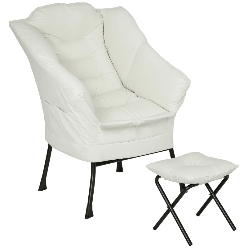 HOMCOM Poltrona Sala de Estar com Apoio para os Pés Poltrona Relax para Leitura com Bolsos Laterais 80x78x100 cm Creme