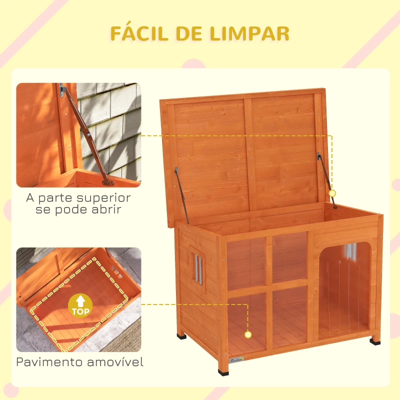 PawHut Casa para Cães de Exterior para Cães Pequenos Médios com Teto Asfáltico 2 Janelas Porta com Cortina Transparente e Base Amovível 90x62x71 cm Madeira