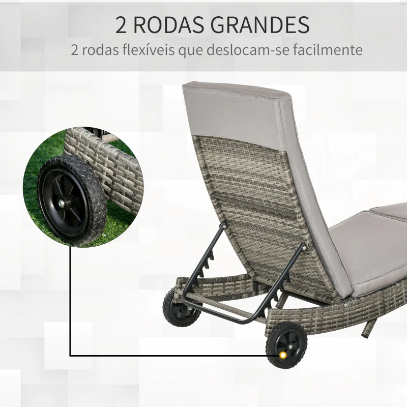Outsunny Espreguiçadeira de Vime Reclinável Espreguiçadeira de Jardim com 2 Rodas Encosto Ajustável em 5 Posições 207x70x70 cm Cinza