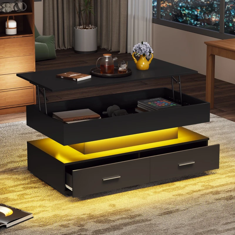 Hydraulic Lift Top Coffee Table with LED Lighting, 2 Drawers and Storage Space, 100L x 50W x 44H cm, Black