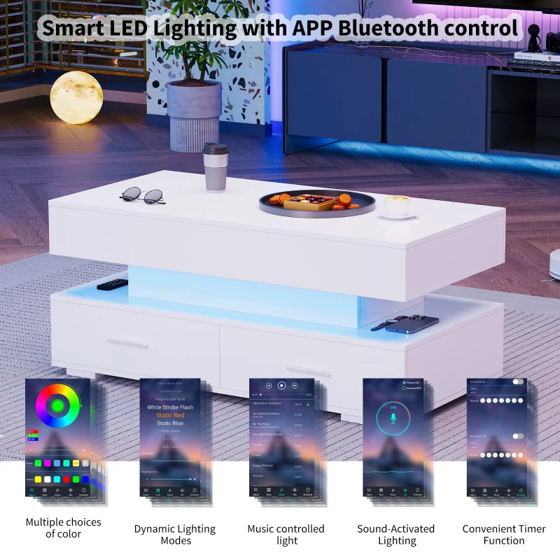 Hydraulic Lift Top Coffee Table with LED Lighting, 2 Drawers and Storage, 100L x 50W x 44H cm, White