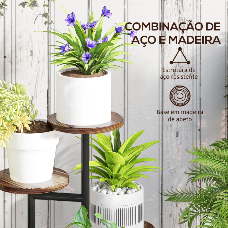 Outsunny Suporte para Plantas de 5 Níveis Suporte para Plantas de Madeira e Aço com 5 Prateleiras Redondas 43x43x70 cm Madeira