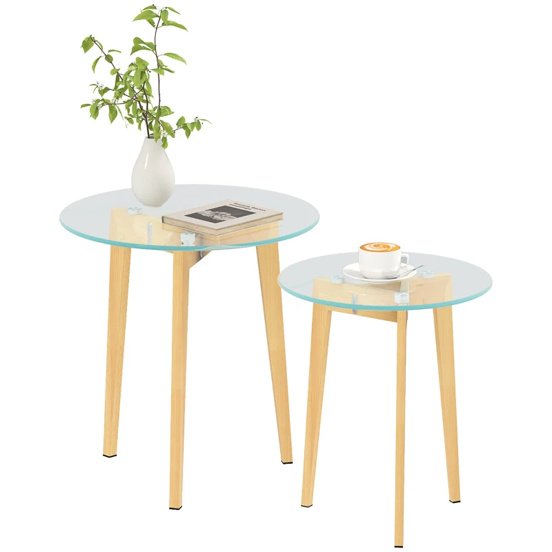 HOMCOM Conjunto de 2 Mesas de Apoio Modernas com Bancada de Vidro Temperado e Estrutura Metálica Ø50x45 cm e Ø40x40 cm Transparente