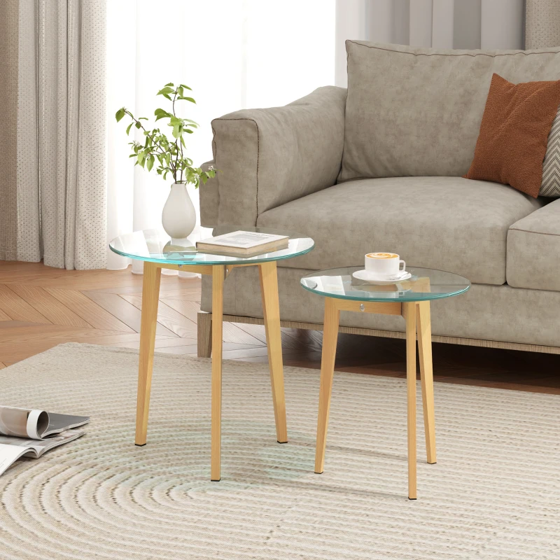 HOMCOM Conjunto de 2 Mesas de Apoio Modernas com Bancada de Vidro Temperado e Estrutura Metálica Ø50x45 cm e Ø40x40 cm Transparente