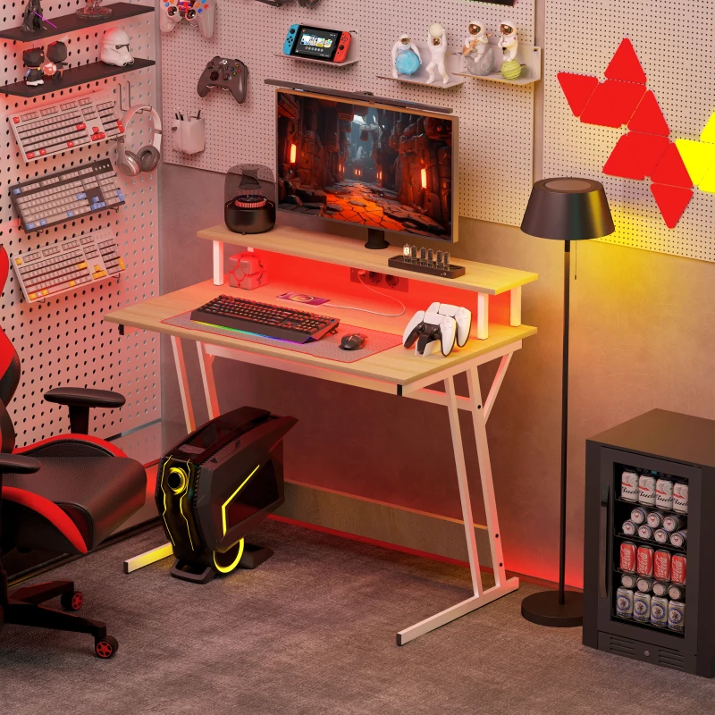 HOMCOM Secretária Gaming com Luzes LED 100x60x88,5 cm com Tomadas de Corrente Suporte para Monitor Prateleiras e Controlo Remoto Madeira