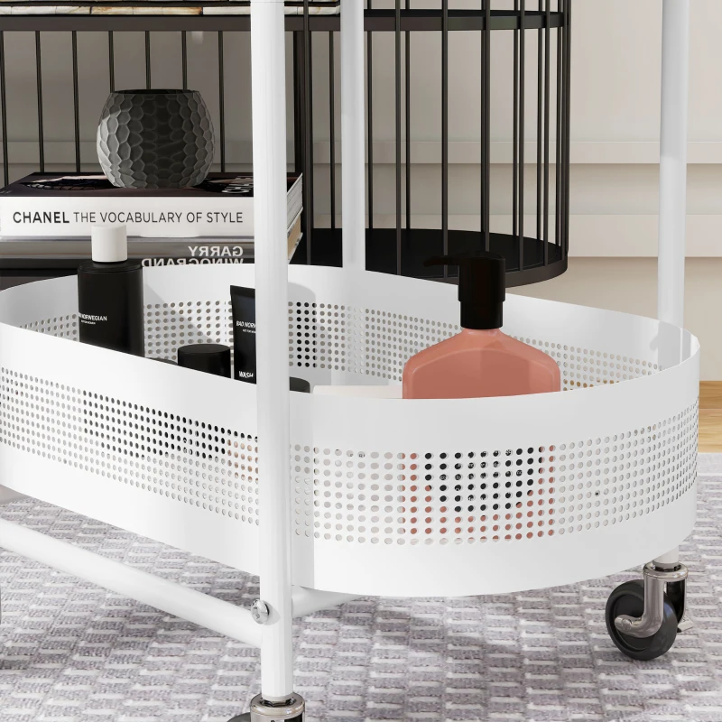 HOMCOM Carrinho Auxiliar com Rodas Carrinho de Cozinha de 3 Níveis com Cesta e Prateleiras 49,5x32,5x82,5 Branco e Madeira