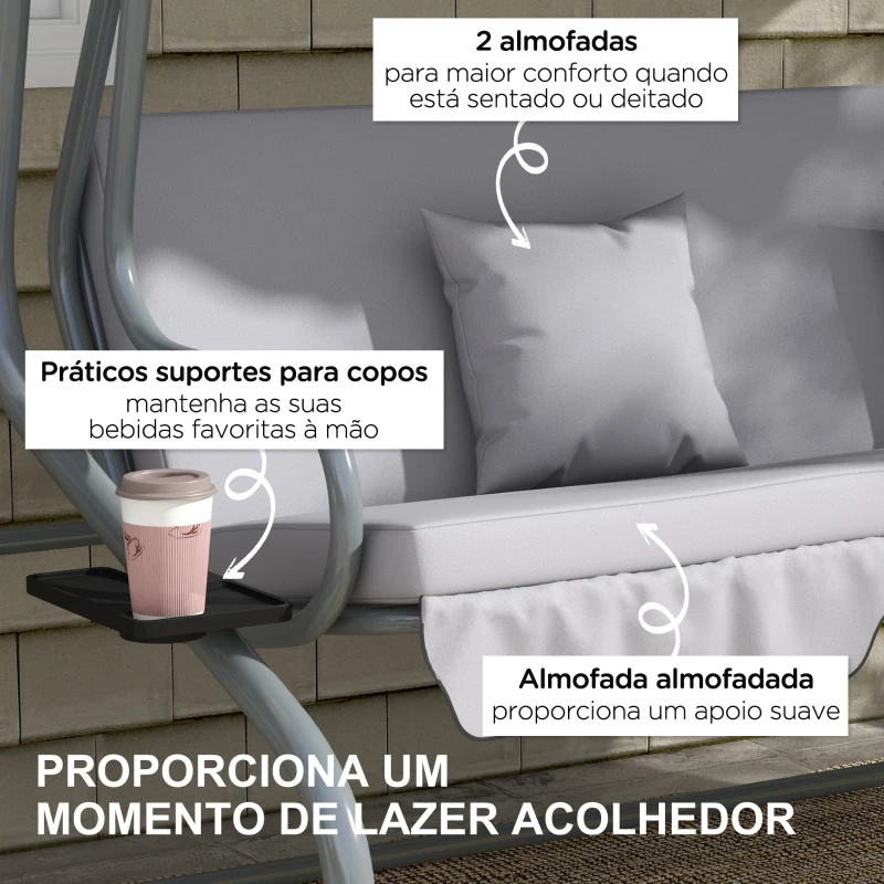 Outsunny Banco Baloiço de Jardim 3 Lugares Convertível em Cama com Toldo Ajustável e 2 Almofadas  200x120x164 cm Cinza