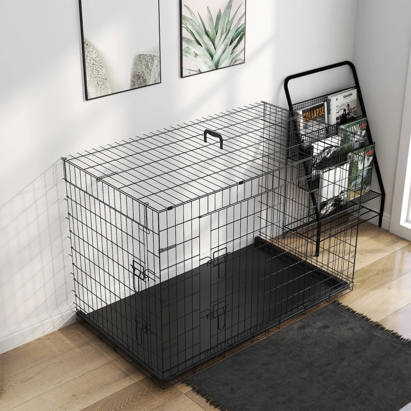 PawHut Gaiola para Cães com 2 Portas Gaiola para Animais de Estimação de Arame Dobrável com Alça de Transporte Aço 121x74,5x81cm Preto