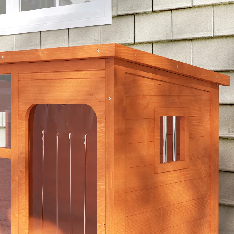 PawHut Casa para Cães de Exterior para Cães Pequenos Médios com Teto Asfáltico 2 Janelas Porta com Cortina Transparente e Base Amovível 90x62x71 cm Madeira