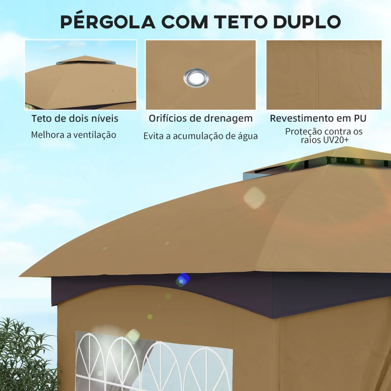 Outsunny Pérgola de Jardim 3,35x3,35 m com Teto Duplo Paredes Laterais Anti-UV e Janelas Tenda para Eventos Bege