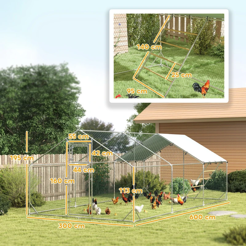 PawHut Galinheiro para Exterior 3x6 m Galinheiro de Aço Galvanizado com Comedouro Suspenso Tipo Espeto Poleiro Anti-UV Prata