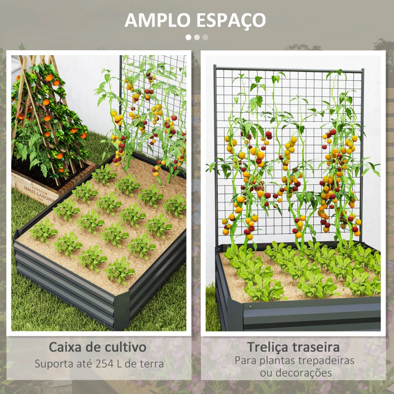 Outsunny Caixa de Plantio de Aço Galvanizado com Treliça para Plantas Trepadeiras e Fundo Aberto 80x115x125 cm Cinza Escuro