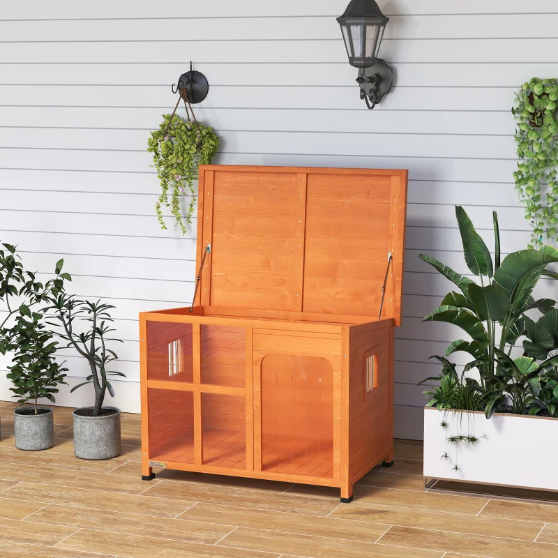 PawHut Casa para Cães de Exterior para Cães Pequenos Médios com Teto Asfáltico 2 Janelas Porta com Cortina Transparente e Base Amovível 90x62x71 cm Madeira