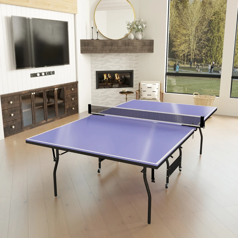 SPORTNOW Mesa de Ping Pong Dobrável Profissional com Rodas Inclui 2 Raquetes e 3 Bolas para Interior 274x152,5x76 cm Azul