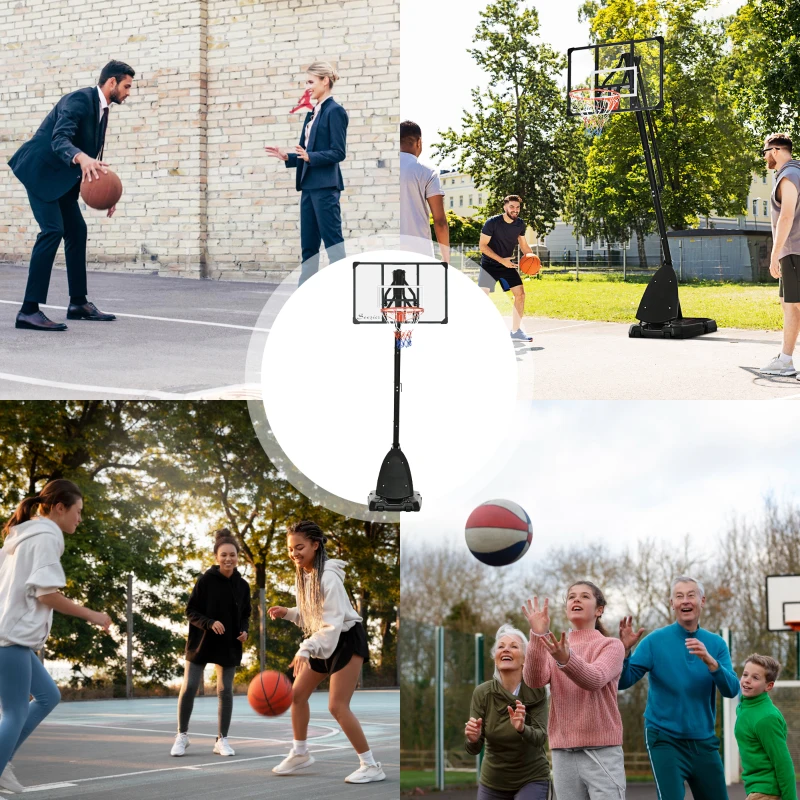 SPORTNOW Tabela de Basquetebol com Altura Ajustável Rodas Base Preenchida com Água ou Areia para Exterior 111x70,5x293-350 cm Preto