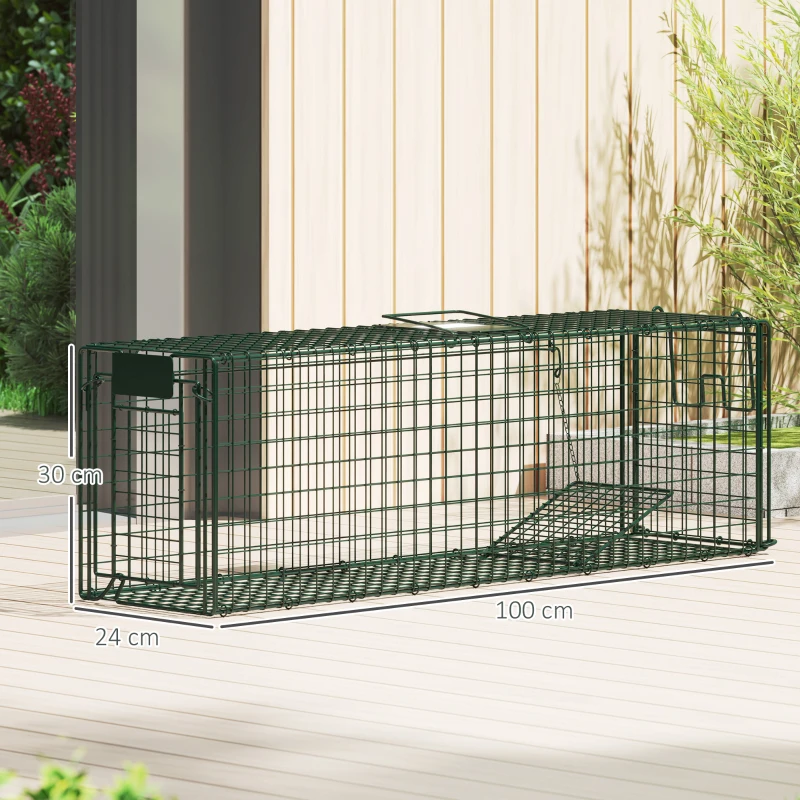 Outsunny Armadilha Animais Vivos 100x24x30 cm Armadilha para Animais Pequenos com 2 Portas e Estrutura de Aço para Interior e Exterior Verde
