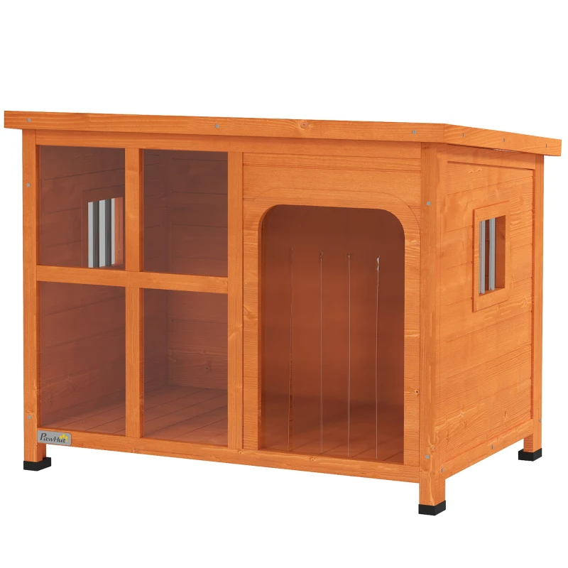 PawHut Casa para Cães de Exterior para Cães Pequenos Médios com Teto Asfáltico 2 Janelas Porta com Cortina Transparente e Base Amovível 90x62x71 cm Madeira