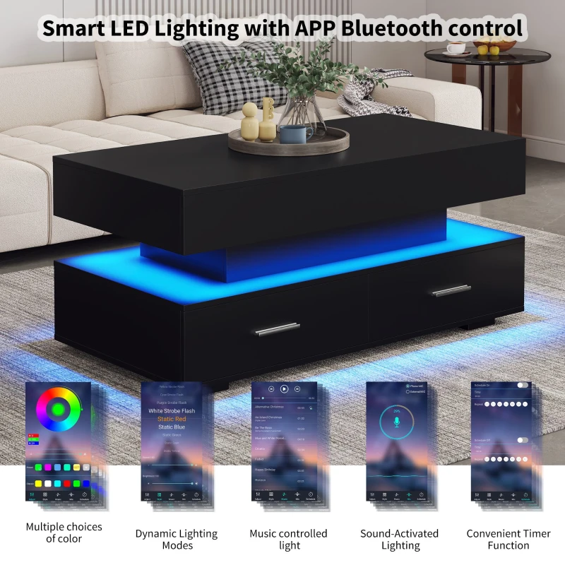 Hydraulic Lift Top Coffee Table with LED Lighting, 2 Drawers and Storage Space, 100L x 50W x 44H cm, Black