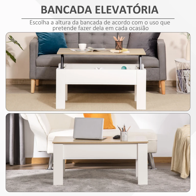 HOMCOM Mesa de Centro com Bancada Elevatória Compartimento Aberto e Oculto 100x50x45-58,5 cm Branco e Madeira