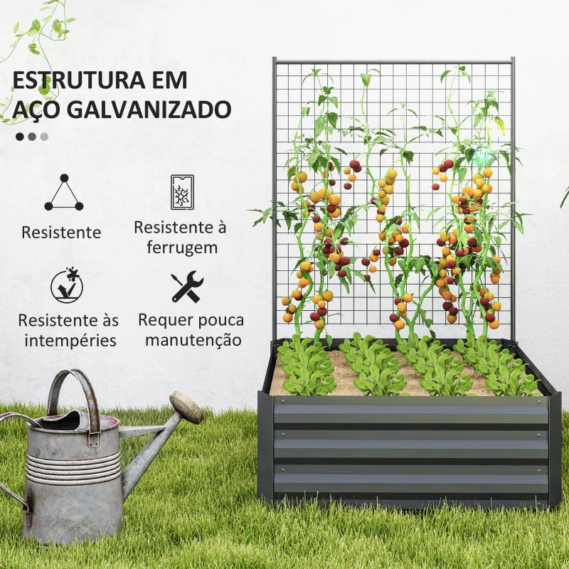 Outsunny Caixa de Plantio de Aço Galvanizado com Treliça para Plantas Trepadeiras e Fundo Aberto 80x115x125 cm Cinza Escuro