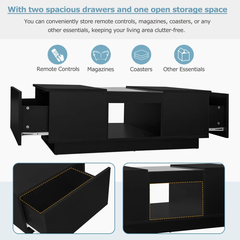 Modern 2-Tier Design LED Coffee Table with Storage, Smart App-Controlled LED Lights and 2 Drawers, 100L x 50W x 35.5H cm, Black