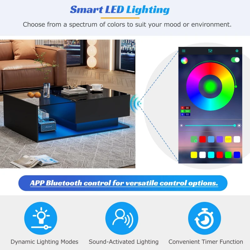 LED Coffee Table with Smart App-Controlled RGB Lighting, High Gloss Finish, Glass Top and Drawer, 100L x 50W x 32H cm, Black