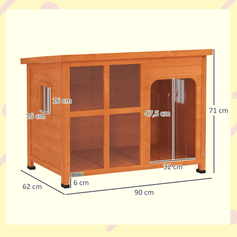 PawHut Casa para Cães de Exterior para Cães Pequenos Médios com Teto Asfáltico 2 Janelas Porta com Cortina Transparente e Base Amovível 90x62x71 cm Madeira