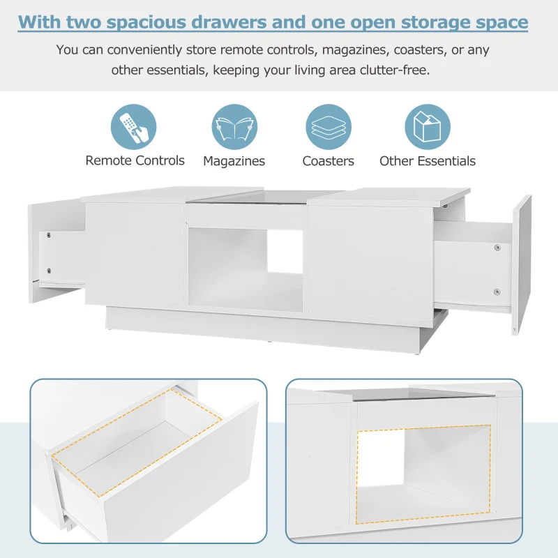 Modern LED Coffee Table with Storage, 2 Tiers and Drawers, Smart App Control, 100L x 50W x 35.5H cm, White